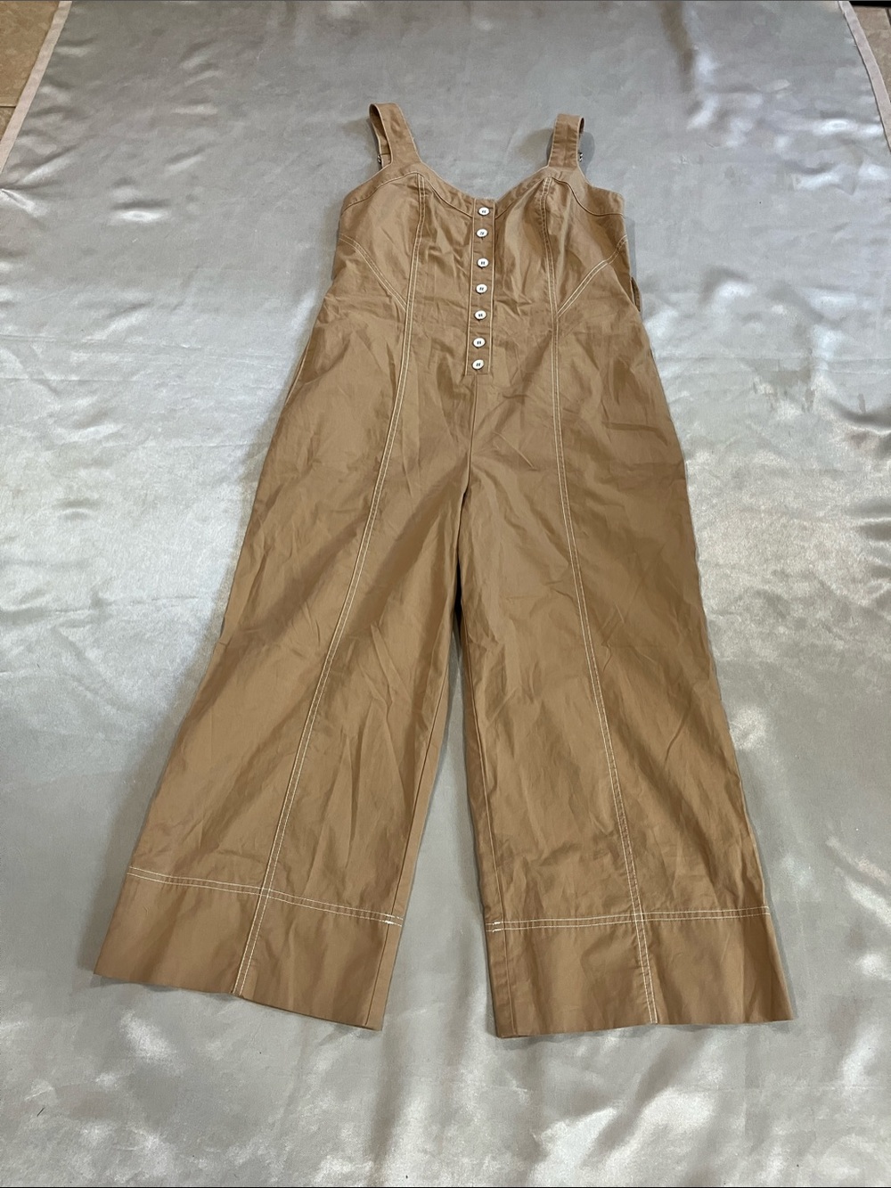 Current Air Tan Button-Front Wide-Leg Jumpsuit. Mission the tie belt